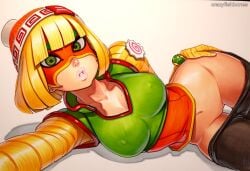 2025 ai_generated artist_name blonde_hair breasts crazyfishbones female green_eyes large_breasts lying min_min_(arms) panties solo thighhighs underwear