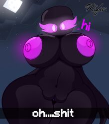 artist_signature black_body curvy_female curvy_hips curvy_thighs enderman enderwoman english_text female female_only looking_at_viewer minecraft moon night night_background no_clothes pink_eyes pink_nipples rifurabbit solo solo_female tagme text white_pupils