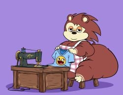 1girls animal_crossing anthro apron apron_only ass awesome_face belly bottomless bottomless_female breasts brown_fur brown_hair cleavage fat fawxen female female_focus female_only furry hedgehog hedgehog_humanoid hips hyper hyper_ass large_ass large_breasts meme meme_attire overweight overweight_female overweight_male sable_able sewing_machine shirt shortstack sitting stomach thick_thighs thighs weight_gain wide_hips