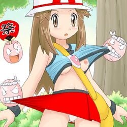 1girls assisted_exposure bag blush breasts brown_eyes brown_hair exeggcute female hat human_only leaf_(pokemon) lowres midriff miniskirt navel nipples panties pokemoa pokemon pokemon_frlg pokemon_rgby shirt_lift skirt straight_hair underwear undressing vs_seeker