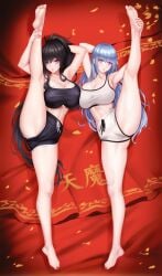 2girls big_breasts black_hair black_hair_female blue_eyebrows blue_eyes blue_eyes_female blue_hair blue_hair_female cleavage female fintowing foot_up head_tilt huge_breasts knee_up large_breasts leg_up legs_apart legs_spread lying lying_down lying_on_side multiple_females multiple_girls nipple_bulge on_side original original_art original_artwork original_character original_characters plump_breasts purple_eyes purple_eyes_female red_background sports_bra spread_legs spreading_legs spreading_thighs tilted_head
