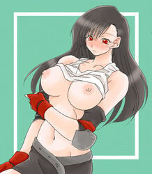 asuka_(pixiv1325580) belt black_hair blush breasts female female_only final_fantasy final_fantasy_vii fingerless_gloves gloves human long_hair midriff miniskirt nipples red_eyes shirt_lift skirt solo straight_hair tank_top tifa_lockhart