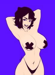 1girls 2d 2d_(artwork) 2d_artwork areolae areolae_peeking arms_above_head arms_behind_head arms_up artist_tag black_hair blue_background blue_eyes blush breasts breasts_out color erusensei female female_focus female_only functionally_nude functionally_nude_female hands_behind_head looking_at_viewer nipple_pasties no_sex original original_character pasties sharp_teeth shiny_skin smile smiling smiling_at_viewer taped_nipples text thick_eyebrows toothy_smile