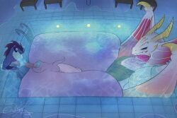 absurd_res bodily_fluids capcom cum cum_inside elder_dragon entitropy fellatio genital_fluids group hi_res inflation inflation male male/male malzeno monster_hunter oral penile pool public public_sex sex spitroast stealth_sex trio