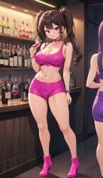ai_generated brothel brown_hair cameltoe large_breasts pink_outfit prostitute purple_eyes wine