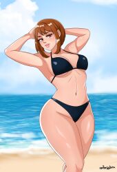 1female 1girls alluring background_thighs_thighs bikini black_bikini blush breasts brown_eyes brown_hair chilling cosplay curvy female female_focus female_only front_view hair human legs light-skinned_female light_skin lips lipstick looking_at_viewer my_hero_academia ochako_uraraka ochako_uraraka_(cosplay) pale-skinned_female pale_skin posing posing_for_the_viewer posing_for_viewer sea senbonzakuraart short_hair solo solo_female solo_focus standing superheroine thick_hips thick_legs thick_thighs thighhighs thighs voluptuous voluptuous_female voluptuous_milf wide_hips
