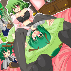 2girls bra breasts breasts_apart caught character_doll chyaramu clothed_masturbation clothing dakimakura_(object) feet female green_hair large_breasts lingerie masturbation multiple_girls pantyhose pillow pillow_sex plush red_eyes saliva short_hair straddling surprised toes touhou underwear walk-in wriggle_nightbug youkai yuka_kazami yuri