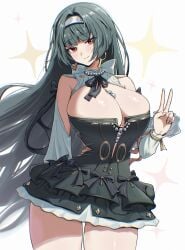 1girls absurdres astra_yao astra_yao_(chandelier) black_dress black_hair breasts cleavage dress female hairband highres jewelry large_breasts necklace official_alternate_costume pearl_necklace solo thigh_beads thighs umamipesto uneven_bangs v white_hairband zenless_zone_zero