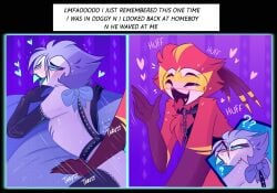2boys andrealphus_(helluva_boss) anthro avian citrine90 confusion demon helluva_boss male male/male parrot peacock silly vassago_(helluva_boss)