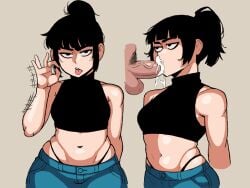 2d 2d_(artwork) 2koma black_hair blowjob blowjob_gesture chermat crop_top cropped cropped_sweater cum cum_in_mouth cum_inside digital_media_(artwork) fellatio fellatio_gesture imminent_oral jeans light-skinned_female light_skin ponytail thong tongue tongue_out