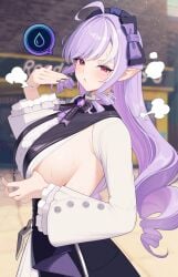 1girls absurdres adjusting_clothes ahoge black_nails blurry blurry_background blush breasts brooch center_frills commentary_request day female frilled_headwear frilled_sleeves frills from_side gothic_lolita hair_intakes highres jewelry large_breasts lolita_fashion long_sleeves mole mole_under_eye multicolored_hair outdoors pointy_ears purple_hair red_eyes sideboob solo spoken_symbol steaming_body streaked_hair sunlight sweat vivian_banshee water_drop white_hair wide_sleeves yomare zenless_zone_zero