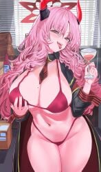 big_breasts bikini blue_archive blush demon_girl female gehenna_academy_student halo highres horns huge_breasts long_hair mole_on_breast nuo_(fttv3255) pink_hair satsuki_(blue_archive) solo_female tie tongue_out