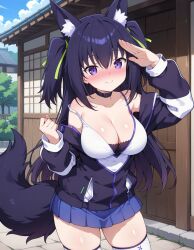 ai_generated animal_ear_fluff animal_ears black_hair black_jacket blue_skirt blush breasts camisole choker cleavage closed_mouth collar collarbone day female fox_ears fox_girl fox_tail green_ribbons guild_cq hair_ribbon jacket kuroyaex large_breasts long_hair long_sleeves looking_at_viewer miniskirt off_shoulder outdoors pleated_skirt purple_eyes quon_tama ribbon skirt smile solo tail thighhighs two_side_up virtual_youtuber white_thighhighs zettai_ryouiki