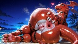 1girls ai_generated anklet anthro anus areolae back_view bandai_namco barefoot beach big_anus big_ass big_breasts big_thighs choker claws digimon digimon_(species) digimon_tamers donut_anus dripping eyebrows eyelashes female furry guilmon hand_on_ass happy heart-shaped_pupils hi_res high_quality high_resolution highres huge_anus huge_ass huge_breasts huge_thighs large_breasts leg_belt looking_back lying_on_side night nipples outdoors outside pawpads puffy_anus puffy_pussy pussy red_body red_skin scalie smile solo spread_anus spread_ass spread_butt spreading stable_diffusion sweat sweatdrop sweating sweaty synthneon tail thick_ass thick_thighs toe_ring