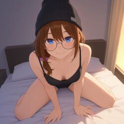 ai_generated beanie blue_eyes brown_hair crop_top glasses ponytail shorts small_breasts thighs