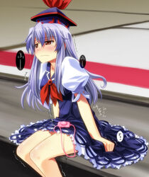 blush clothed_masturbation clothing discreet_vibrator dress hat keine_kamishirasawa lavender_hair long_hair masturbation public_vibrator pussy_juice red_eyes solo touhou trembling umekichi vibrator