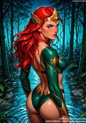 ai_generated aquaman_(series) ass back bangs bare_shoulders bikini blue_eyes blush breasts closed_mouth clothing day dc dc_comics female female female_only forest from_behind green_bikini jewelry jousneystudio large_breasts lips long_hair looking_at_viewer looking_back medium_breasts mera nature navel night night_sky outdoors partially_submerged plant red_hair rock shiny_skin sky solo standing star_(sky) swimsuit thighs tree wading water waterfall wet