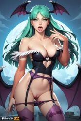 1girls ai_generated alternate_legwear animal_print areola_slip artist_name bare_shoulders bat_print bat_wings black_wings breasts bridal_gauntlets cleavage clothing_cutout collarbone contrapposto cowboy_shot darkstalkers demon_girl eyeshadow female fingernails full_moon garter_belt green_eyes green_hair hand_up head_wings heart_cutout hi_res large_breasts leotard lips long_fingernails long_hair looking_at_viewer low_wings makeup moon morrigan_aensland nail_polish navel night night_sky open_mouth outdoors panties panty_pull pink_nails pulled_by_self purple_thighhighs pussy rule34lab sky solo standing thighhighs tongue tongue_out uncensored underwear wings