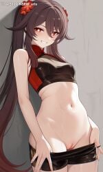 1girls ai_generated brown_hair genshin_impact hu_tao_(genshin_impact) looking_at_viewer pussy pussy_juice red_eyes shineinsfw smile solo uncensored wet wet_pussy