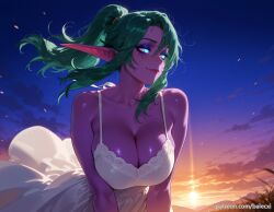 ai_generated balecxi bare_shoulders blue_eyes cleavage cloud collarbone colored_skin elf female glowing glowing_eyes green_hair large_breasts long_pointy_ears night_elf outdoors pointy_ears ponytail purple_skin sky smile solo sundress sunset tyrande_whisperwind white_dress wind world_of_warcraft