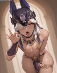 ai_generated aiser0 cyno_(genshin_impact) dark-skinned_male femboy gay genshin_impact looking_at_viewer male mascara nipples penis red_eyes saliva solo solo_male tongue_out wet_body white_hair yaoi