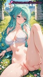1girls 2025 ai_generated anus aqua_hair bangs bare_shoulders barefoot blue_eyes blush bottomless bra breasts cleavage closed_mouth clothing collarbone earrings female female_only flower genitals grass green_hair hair_ornament hair_stick hi_res highres jewelry knee_up komurasaki kozuki_hiyori large_breasts long_hair looking_at_viewer natsuyoru navel one_piece outdoors patreon pussy smile solo spread_legs stomach sweat thighs uncensored underwear vagina voluptuous voluptuous_female white_bra