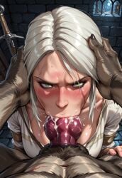 ai_generated ammai animal_genitalia animal_penis blowjob cd_projekt_red ciri clothing cum cum_in_mouth deepthroat fellatio female green_eyes head_grab light-skinned_female mascara monster oral oral_sex penis scar sucking_penis the_witcher_(series) the_witcher_3:_wild_hunt werewolf white_hair