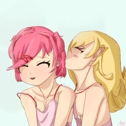 2girls blonde_hair blush bottomless crossover doki_doki_literature_club female female_focus female_only human human_female human_only kissing_hair kizumonogatari light-skinned_female light_skin monogatari_(series) multiple_girls natsuki_(doki_doki_literature_club) natsukiarc oshino_shinobu pink_hair summer twitter_link wholesome yuri