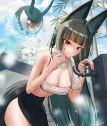 1girls absurdres animal_ears bamboo black_hair breasts chest_sarashi cleavage drinking_fountain eyeball female fox_ears fox_girl fox_tail half_updo high-waist_skirt highres holding holding_towel hoshimi_miyabi large_breasts orange_hair sarashi skirt sweat tail towel user_fwuk5773 zenless_zone_zero