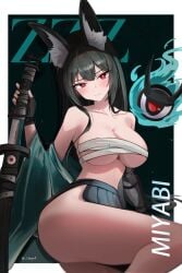 absurdres animal_ears bare_shoulders black_hair black_skirt breasts bright_pupils budget_sarashi chowol cleavage closed_mouth collarbone female fox_ears highres holding holding_sword holding_weapon hoshimi_miyabi katana long_hair looking_at_viewer medium_breasts off_shoulder pleated_skirt red_eyes sarashi side_slit skirt solo sword tailless_(zenless_zone_zero) thighs weapon zenless_zone_zero