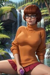1girls ai_generated artist_name black-framed_eyewear bob_cut breasts brown_eyes brown_hair cartoon_network covered_nipples day female female_masturbation freckles glasses hanna-barbera hi_res large_breasts lips looking_at_viewer masturbation miniskirt nature no_panties nose orange_sweater outdoors parted_lips patreon_username pleated_skirt pussy r34arts red_skirt scooby-doo sex_toy short_hair sitting skirt sleeves_pushed_up solo spread_legs sweater tree turtleneck turtleneck_sweater uncensored velma_dinkley warner_brothers water waterfall