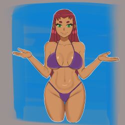 1girls big_breasts bikini bikini_top bra breasts cleavage dc dc_comics female female_focus female_only green_eyes hands_behind_head hourglass_figure huge_breasts large_breasts looking_at_viewer navel panties purple_bikini purple_swimsuit red_hair simple_background solo solo_female solo_focus starfire swimsuit teen_titans themasked_men toned toned_belly toned_body toned_female toned_stomach