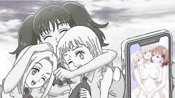 3girls breasts diane_(nanatsu_no_taizai) elaine_(nanatsu_no_taizai) elizabeth_liones female holding_phone hugging monochrome multiple_girls nanatsu_no_taizai phone phone_screen seven_deadly_sins studio_deen