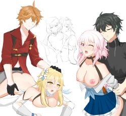 3boys 3girls ahoge ambiguous_penetration artist_request bangs beret black_choker black_clothing black_gloves black_hair black_shirt blonde_hair blue_eyes blue_skirt bowtie_on_head breasts breasts_out character_request childe_(genshin_impact) choker closed_eyes dan_heng earrings female genshin_impact gloves grey_pants hair_between_eyes hair_ornament highres honkai:_star_rail hoyoverse lily_(flower) lumine_(genshin_impact) male male/female march_7th_(honkai:_star_rail) mihoyo multicolored_eyes nipples no_eyes one_eye_closed orange_hair pants penis penis_in_pussy pink_eyes pink_hair red_shirt sex shirt short_hair short_hair_with_long_locks sidelocks sketch skirt standing_sex straight tartaglia_(genshin_impact) vaginal_penetration vaginal_sex white_background white_flower white_shirt yellow_eyes