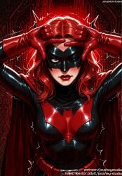 ai_generated arms_up bangs batman_(series) batwoman belt black_bodysuit black_gloves blush bodysuit breasts cape clothing dc dc_comics domino_mask english_text eye_mask female female female_only gloves jousneystudio kate_kane large_breasts latex lips lipstick long_hair looking_at_viewer makeup mask medium_breasts medium_hair one_eye_closed red_bodysuit red_cape red_eyes red_hair red_lips skin_tight solo spider-man_(series) superhero superheroine sweat text trembling upper_body