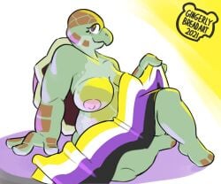 2021 3_fingers ambiguous_gender anthro areola big_areola big_breasts breasts eyelashes fingers gingerlybreadart green_body lgbt_pride looking_at_viewer nipples nonbinary nonbinary_pride_colors overweight overweight_ambiguous overweight_anthro pride_colors reptile scalie sea_turtle shell solo turtle
