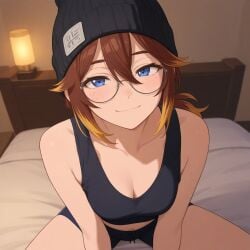 ai_generated beanie blue_eyes brown_hair crop_top glasses ponytail shorts small_breasts thighs