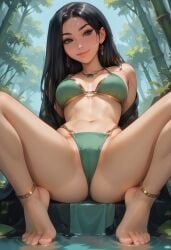 ai_generated asian_female bikini black_hair long_gloves looking_at_viewer mulan onna_exe spread_legs