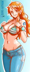1girls adult adult_female arm_tattoo bare_arms bare_belly bare_chest bare_hands bare_midriff bare_navel bare_shoulders bare_skin belly belly_button big_breasts bikini bikini_bottom bikini_top blue_background breasts busty busty_female cleavage clothing collarbone curvaceous curvaceous_body curvaceous_female curvaceous_figure curvaceous_hips curvy curvy_body curvy_female curvy_figure curvy_hips earrings elbows exposed_arms exposed_belly exposed_chest exposed_midriff exposed_navel exposed_shoulders exposed_skin female female_focus female_only fingers gradient_background high_resolution highres hourglass_figure jeans large_breasts lean_figure legs_closed legs_together long_hair looking_at_viewer mature mature_female midriff nami nami_(one_piece) narrow_waist navel one_piece orange_eyebrows orange_eyes orange_eyes_female orange_hair orange_hair_female plump_breasts shoulders simple_background slender_body slender_waist slim_waist smile smiley_face smiling smiling_at_viewer solo standing string_bikini swimsuit swimwear tattoo tattoo_on_arm tattooed_arm thick_thighs thighs upper_body wide_hips zeroart924