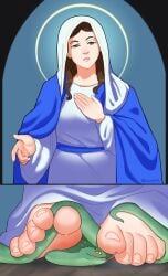 1girl barefeet barefoot bible blue_dress brown_hair christian christian_cross christianity devil feet feet_focus feet_licking female foot_fetish foot_lick holy holy_woman loodrick modest size_difference snake toes underfoot virgin_mary worship