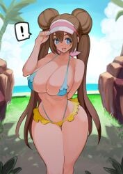 1girls absurdres alternate_costume bare_shoulders beach bikini blue_bikini blue_eyes blush breasts brown_hair cleavage donut_hair_bun double_bun female hair_bun highres large_breasts long_hair looking_at_viewer micro_bikini nac000 navel nintendo open_mouth palm_tree pokemon pokemon_bw2 rosa_(pokemon) skirt smile solo stomach swimsuit thighs tree twintails visor_cap yellow_skirt