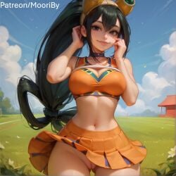 ai_generated black_eyes black_hair boku_no_hero_academia cheerleader curvy exposed_pussy female mooriby my_hero_academia orange_shirt orange_skirt tsuyu_asui