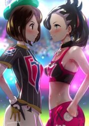 >:) 2girls armpits asymmetrical_bangs backlighting bare_arms bare_shoulders black_choker black_gloves black_hair black_shirt blurry blurry_background blush breasts brown_eyes brown_hair choker closed_mouth collarbone commentary_request day depth_of_field earrings eye_contact face-to-face gloria_(pokemon) gloves green_eyes green_headwear gym_challenge_uniform gym_leader hair_ribbon hand_on_own_hip hat highres jewelry looking_at_another marnie_(pokemon) medium_breasts midriff multiple_girls navel nintendo outdoors pink_shorts pokemon pokemon_ss profile red_ribbon ribbon shirt short_sleeves shorts small_breasts smile sweat tam_o'_shanter twintails twitter_username uenoryoma v-shaped_eyebrows white_shorts
