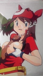 1boy 1girls animation_frame blush breasts dark-skinned_male female hasamimushi human human_only male may_(pokemon) nintendo paizuri penis pokemon pokemon_(anime) pokemon_rse red_bandana scissor_insect straight straight_hair uncensored