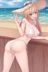 1girls ass ass ass_cleavage back beach beach_hat big_breasts bikini bikini_bottom bikini_only bikini_top blonde_eyebrows blonde_female blonde_hair blonde_hair blonde_hair_female blue_sky busty busty_female busty_girl butt_crack clouds coast day daylight daytime fintowing halterneck horizon hourglass_figure huge_breasts large_breasts lean_figure narrow_waist nipple_bulge ocean open_mouth open_mouth_smile original original_art original_artwork original_character outdoor outdoors outside parted_lips peace_sign plump_breasts red_eyes red_eyes_female sand sea seaside side-tie_bikini sign sky slender_body slender_waist slim_waist string_bikini swimsuit swimwear tongue upper_teeth v v_sign wide_hips