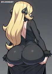 1girls ai_generated ass ass_focus back back_view big_ass blonde_hair breasts cynthia_(pokemon) female female_only from_behind fully_clothed hair_ornament hand_on_ass hands_on_ass huge_ass human nintendo pokemon pokemon_dppt presenting_ass presenting_butt rear_view solo_female tagme ylvanne