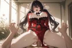 1boy 1girl ai_generated black_hair blush breasts breasts_outside censored choker clothed_sex cowgirl_position date_a_live girl_on_top heart hetero hi_res high_quality high_resolution holding_hands indoors large_breasts leotard long_hair mosaic_censoring nipples one_eye_closed open_mouth panties patreon penis pov pussy red_dress red_eyes seductive sex sexy solo_focus spread_legs straddling taihou_(azur_lane) tokisaki_kurumi twintails uncensored underwear vaginal watermark window
