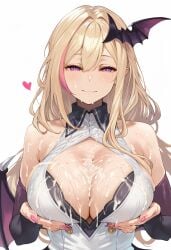 1girls ai_generated bat_hair_ornament blonde_hair breast_grab bukkake cleavage cum_on_breasts facial fang female grabbing_own_breast kou_mariya long_hair nipples pink_nails purple_eyes smile v4mirai virtual_youtuber