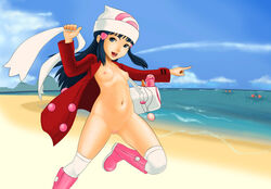 beach blue_hair boots bottomless breasts clothes dawn_(pokemon) dildo footwear hat human human_only kneehighs naked_coat naked_jacket noobcake open_clothes open_jacket pokemon pokemon_dppt public_nudity pussy running scarf socks straight_hair thighhighs uncensored undressing vibrator