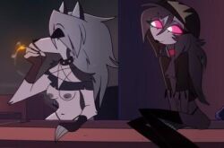 2girls anthro breasts casual_nudity cityscape closed_eyes crop_top female female_only fingerless_gloves furry hellhound helluva_boss long_hair looking_at_another loona_(helluva_boss) nipples no_bra octavia_(helluva_boss) owl_demon shirt smoking spiked_collar tagme two_tone_body two_tone_fur wolf wolf_girl